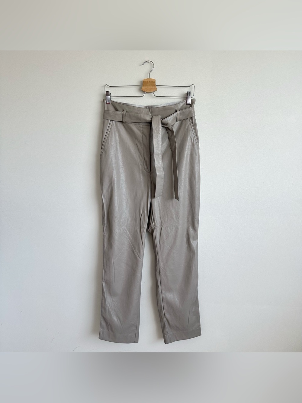Aritzia Babaton Grey Taupe Tie-Waist High Waisted Belted faux leather pants 10